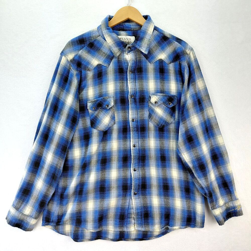Ryan Michael Shirt Mens XL Blue Plaid Western Flannel Metal Snap Sawtooth Pocket